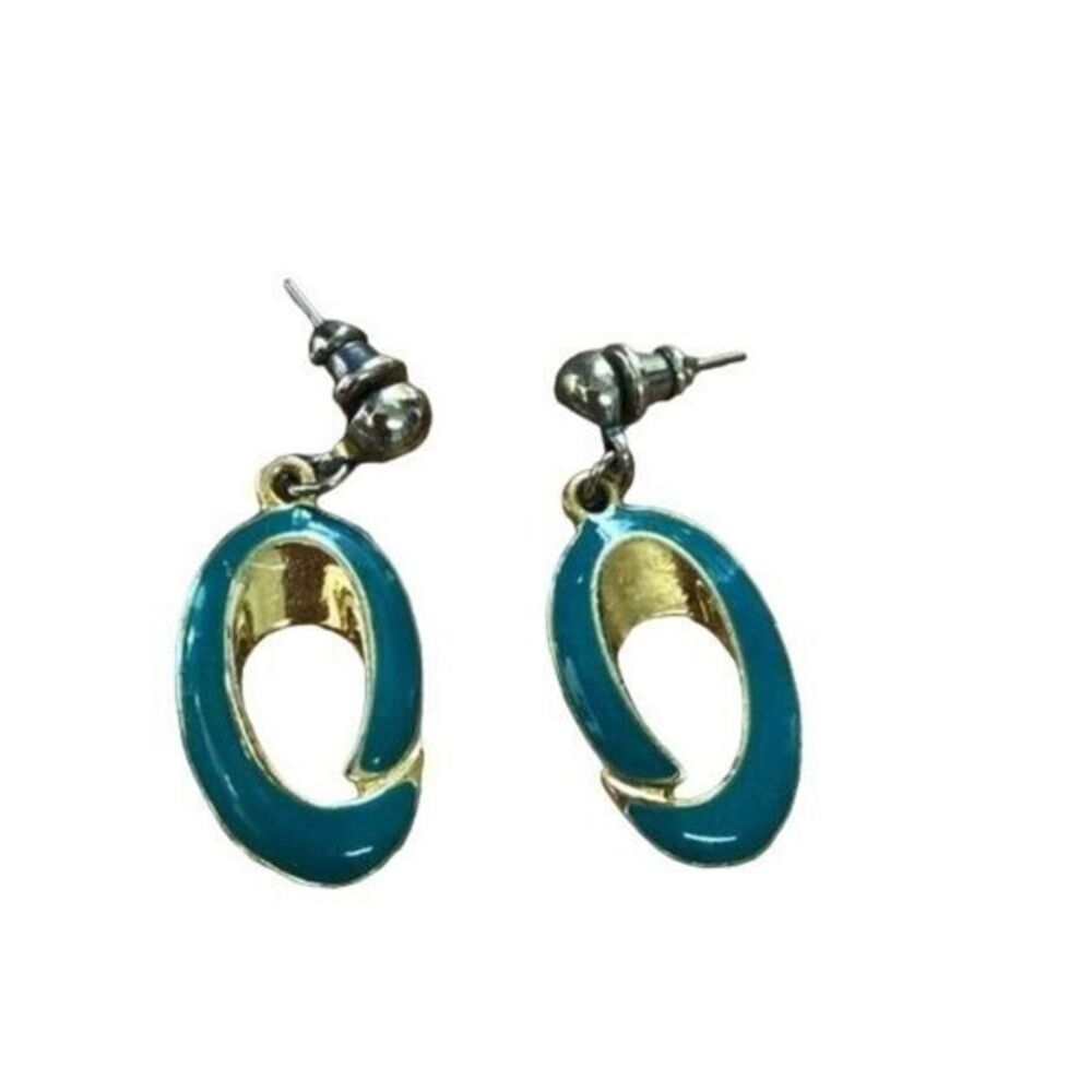 Vintage Teal & Gold Oval Dangle Earrings Fashion Jewelry‎ Gift